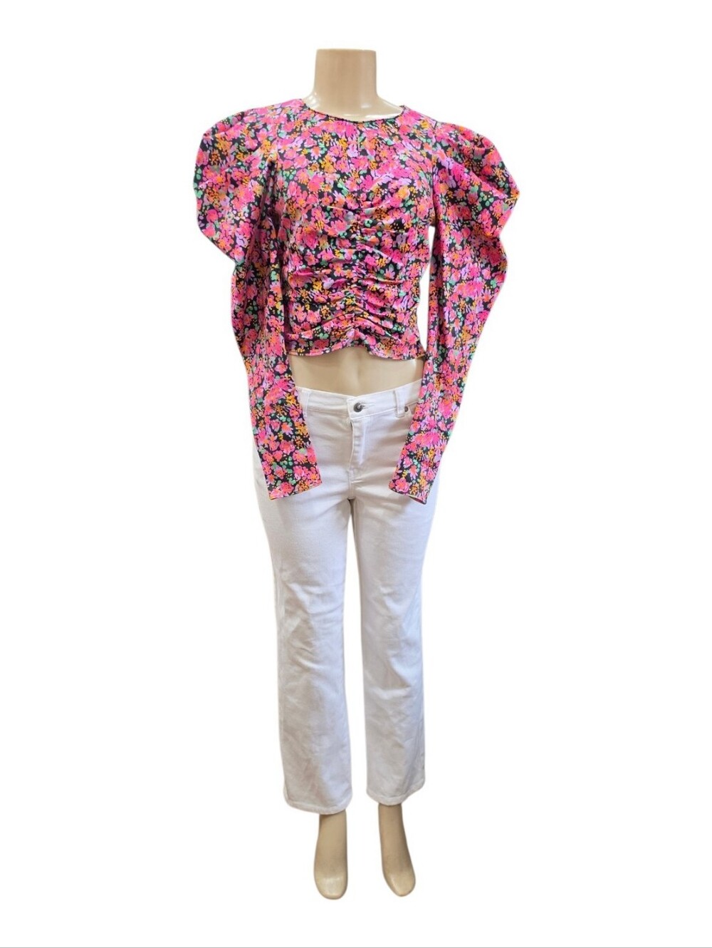 ​Zara Floral Ruched Puff Sleeve Crop Top XS